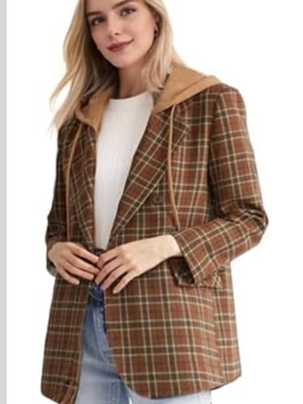 Brown Plaid Hooded Blazer Jacket